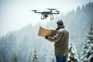 ai génératif. drone livraison de ordres à touristes dans le hiver forêt photo