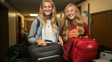 deux étudiant les filles avec les valises et sacs à dos sont installé dans une étudiant auberge. début de le école an. les filles souriant et à la recherche à le caméra. ai génératif photo
