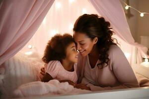 africain américain mère et fille dans rose vêtements et dans une rose enfants pièce intérieur Regardez à chaque autre et sourire. ai génératif photo