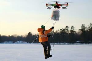 ai génératif. drone livraison de un commande à un la glace patinoire près une forêt photo
