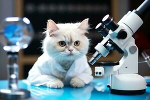 blanc duveteux chat professeur posant dans le laboratoire près le microscope. ai génératif photo