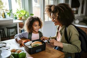 africain américain mère emballage une le déjeuner boîte pour sa fille dans le Accueil cuisine. fille des stands par et aide. ai génératif photo