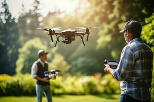 personnes âgées passionnés contrôler drones pour aérien la photographie dans une ensoleillé parc photo