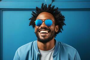Jeune africain américain homme dans une bleu veste et bleu des lunettes de soleil des rires et pose sur une bleu Contexte. ai génératif photo
