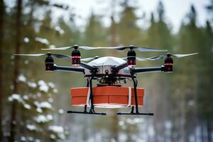 ai génératif. une drone livre un commande ou médicament en volant par une neigeux forêt photo