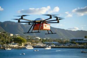 ai génératif. une drone livre nourriture, les boissons ou médicament dans une papier carton boîte à les clients sur une yacht. photo