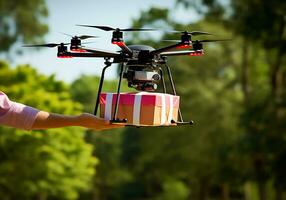 ai génératif. une drone livre nourriture dans une papier carton boîte à une pique-nique. photo