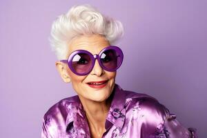 magnifique personnes âgées à la mode femme dans élégant violet vêtements, avec gris cheveux et des lunettes posant sur une violet Contexte. femme à la recherche à caméra. ai génératif photo