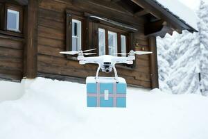 ai génératif. drone livraison de un commande, nourriture ou médicament à le campagne, village ou difficile à atteindre zones dans hiver photo