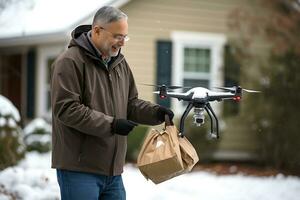 ai génératif. une drone livre emballé ordres à le porte de une maison dans neigeux hiver temps. une homme dans de face de le maison reçoit un commande photo