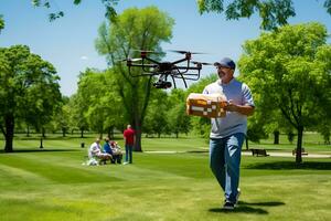 ai génératif. une drone livre nourriture et les boissons dans une papier carton boîte à une pique-nique. photo