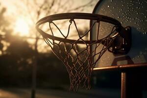 le coucher du soleil basketball fermer de une basketball cerceau dans chaud soir lumière. établi avec génératif ai photo