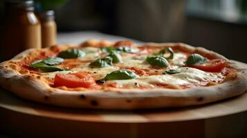 authentique margherita Pizza avec Frais mozzarella et basilic sur en bois planche. génératif ai photo