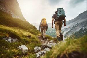 aventureux touristes randonnée par le montagneux terrain, prise dans le étourdissant Naturel beauté et Frais air, génératif ai photo