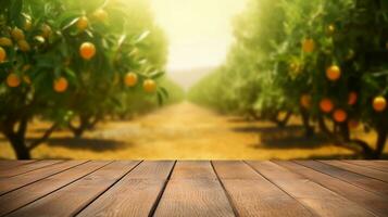 vide bois table avec Orange des arbres et champ Contexte. établi avec génératif ai photo