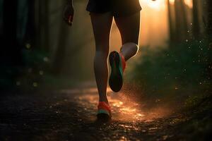 Matin Piste courir fermer de femelle coureur jambes et des chaussures avec abstrait bokeh lumière créée. génératif ai photo
