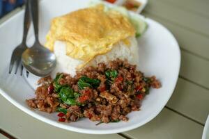 du boeuf basilic, omelette dans une assiette photo