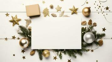 Noël décor et Vide carte sur blanc en bois table - espace pour texte. établi avec génératif ai photo