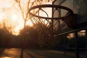 le coucher du soleil basketball fermer de une basketball cerceau dans chaud soir lumière. établi avec génératif ai photo