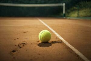tennis Balle sur le vert champ avec lumière du soleil. sport concept. ai génératif photo