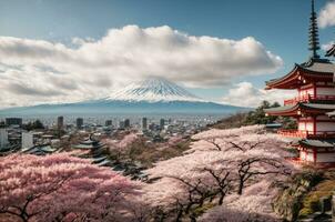 mt Fuji et Cerise fleur à kawaguchiko Lac dans Japon, ai génératif photo