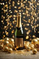 bouteille de Champagne avec d'or confettis sur bokeh arrière-plan, ai génératif photo