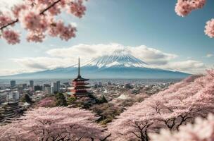 mt Fuji et Cerise fleur à kawaguchiko Lac dans Japon, ai génératif photo