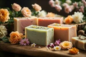 Fait main savon bars avec fleurs sur en bois Contexte. ai génératif photo