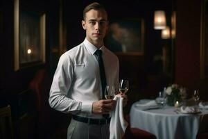 Beau serveur dans uniforme avec blanc serviette sert du vin à invités dans restaurant, ai génératif photo