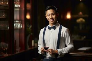 Beau serveur dans uniforme avec blanc serviette sert du vin à invités dans restaurant, ai génératif photo