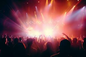 arrière vue de le foule de gens à une fête à une concert étape à une la musique festival, ai génératif photo