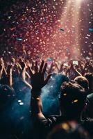 foule applaudissement à une la musique Festival et confettis en volant dans le air. ai génératif photo