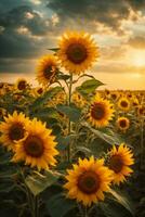 le coucher du soleil plus de tournesol champ. magnifique été paysage avec tournesols. ai génératif photo