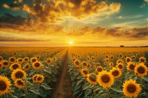 le coucher du soleil plus de tournesol champ. magnifique été paysage avec tournesols. ai génératif photo