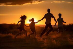 joyeux le coucher du soleil courir avec père et enfants. génératif ai photo