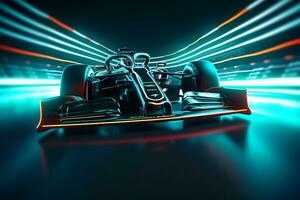 futuriste formule 1 courses sur une néon post-production piste. génératif ai photo