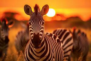 zèbre à le coucher du soleil dans chobe nationale parc, botswana, Afrique, troupeau de zèbres dans le savane à coucher de soleil, ai généré photo