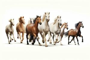 groupe de les chevaux fonctionnement sur blanc Contexte. isolé sur blanc arrière-plan, les chevaux fonctionnement dans différent postes sur une blanc arrière-plan, côté voir, ai généré photo