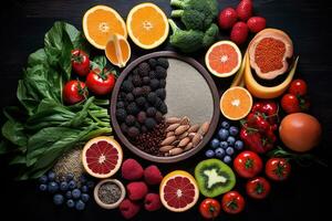 en bonne santé nourriture Contexte avec des fruits et des légumes sur noir en bois tableau, en bonne santé nourriture sélection des fruits, légumes, baies et superaliments, ai généré photo