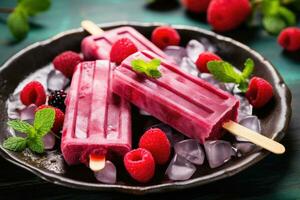 fait maison sucettes glacées avec Frais baies et la glace sur rustique arrière-plan, fait maison framboise sucettes glacées sur assiette avec la glace et baies, ai généré photo