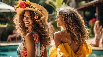 femmes en riant et se prélasser dans une bassin avec tropical les boissons photo