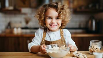 adorable enfant en remuant biscuit pâte avec une en bois cuillère photo