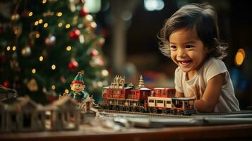 enfant pièces avec jouet train assis dessous christma arbre photo