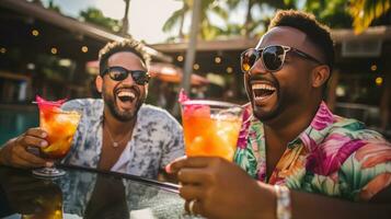 femmes en riant et se prélasser dans une bassin avec tropical les boissons photo