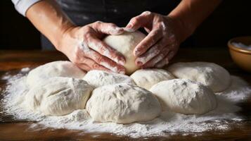 couvert de farine mains formant pâte dans parfait rond formes photo