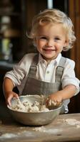 adorable enfant en remuant biscuit pâte avec une en bois cuillère photo