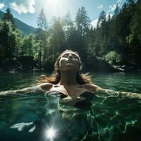 paisible image de une femme flottant sur sa retour dans une tranquille Lac photo