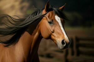 proche en haut cheval sur floue Contexte. ai génératif pro photo