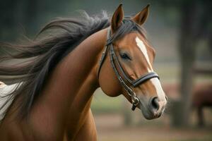 proche en haut cheval sur floue Contexte. ai génératif pro photo