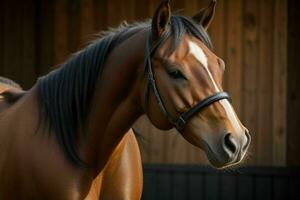 proche en haut cheval sur floue Contexte. ai génératif pro photo